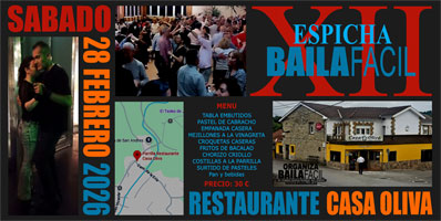 Cartel de la XII Espicha BAILAFACIL, Restaurante Casa Oliva, Gij�n, 28 febrero 2026. Haz clic para ampliar la imagen. Copyright � www.bailafacil.es.